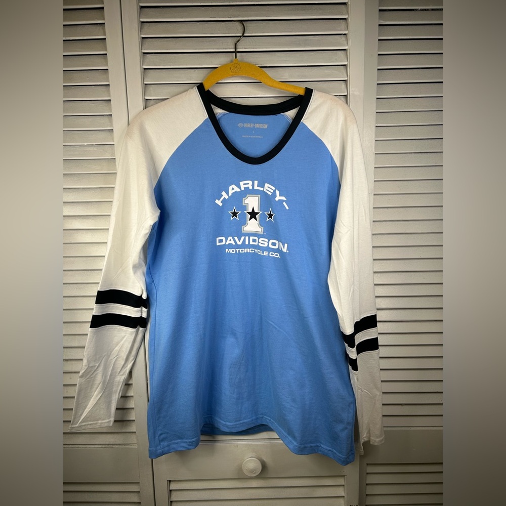 Harley-Davidson Blue and White Raglan Shirt Size L